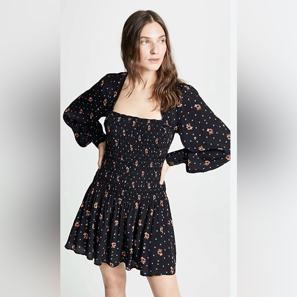 Free People Love of My Life Smocked Mini Dress • Black Floral Ditsy • Small